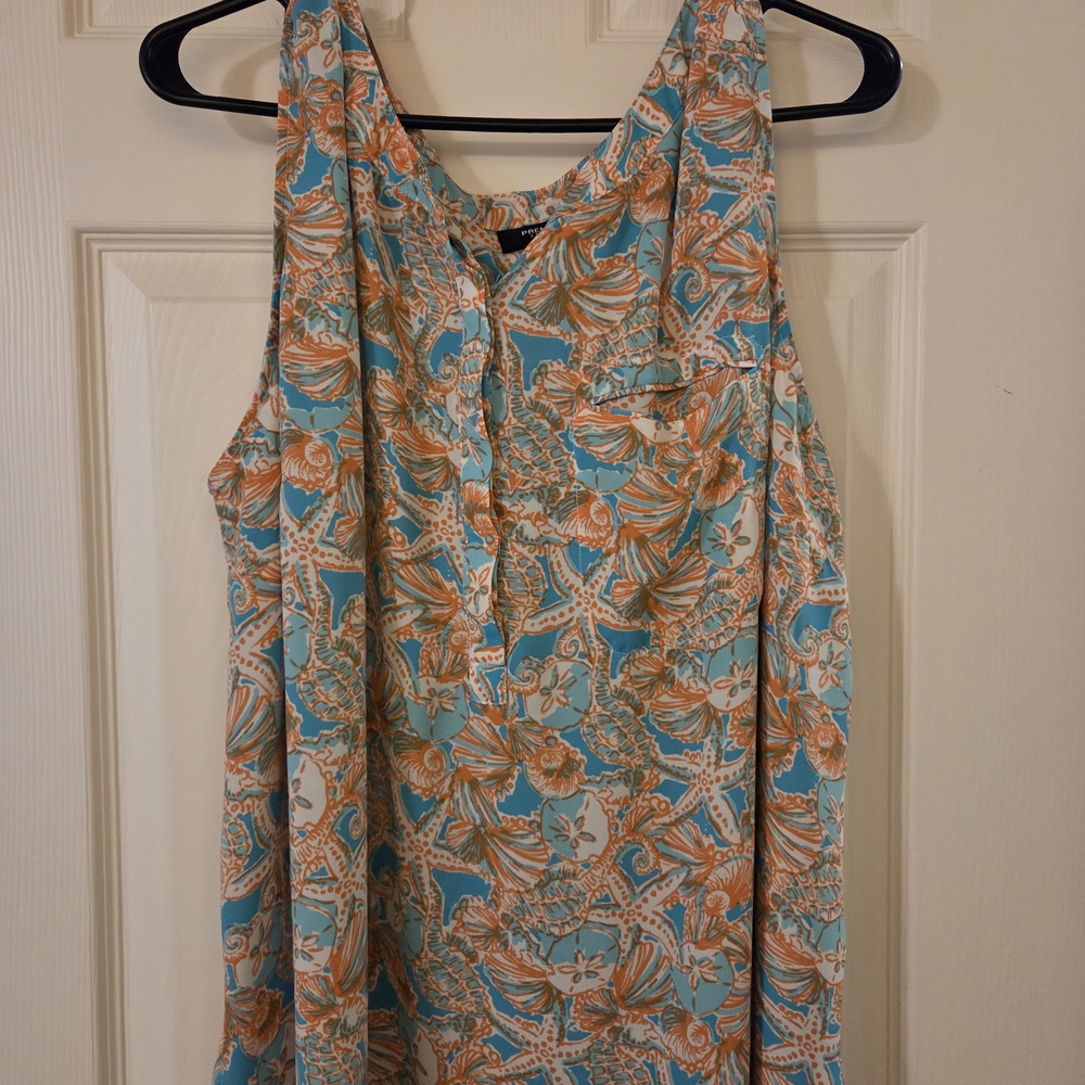 Premise Brand Turquoise and Orange Tropical Button-Front Blouse